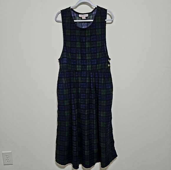 VTG Womens Overall Corduroy Maxi Dress 100% Cotton Tartan Jumper Blue Green L - Picture 4 of 15